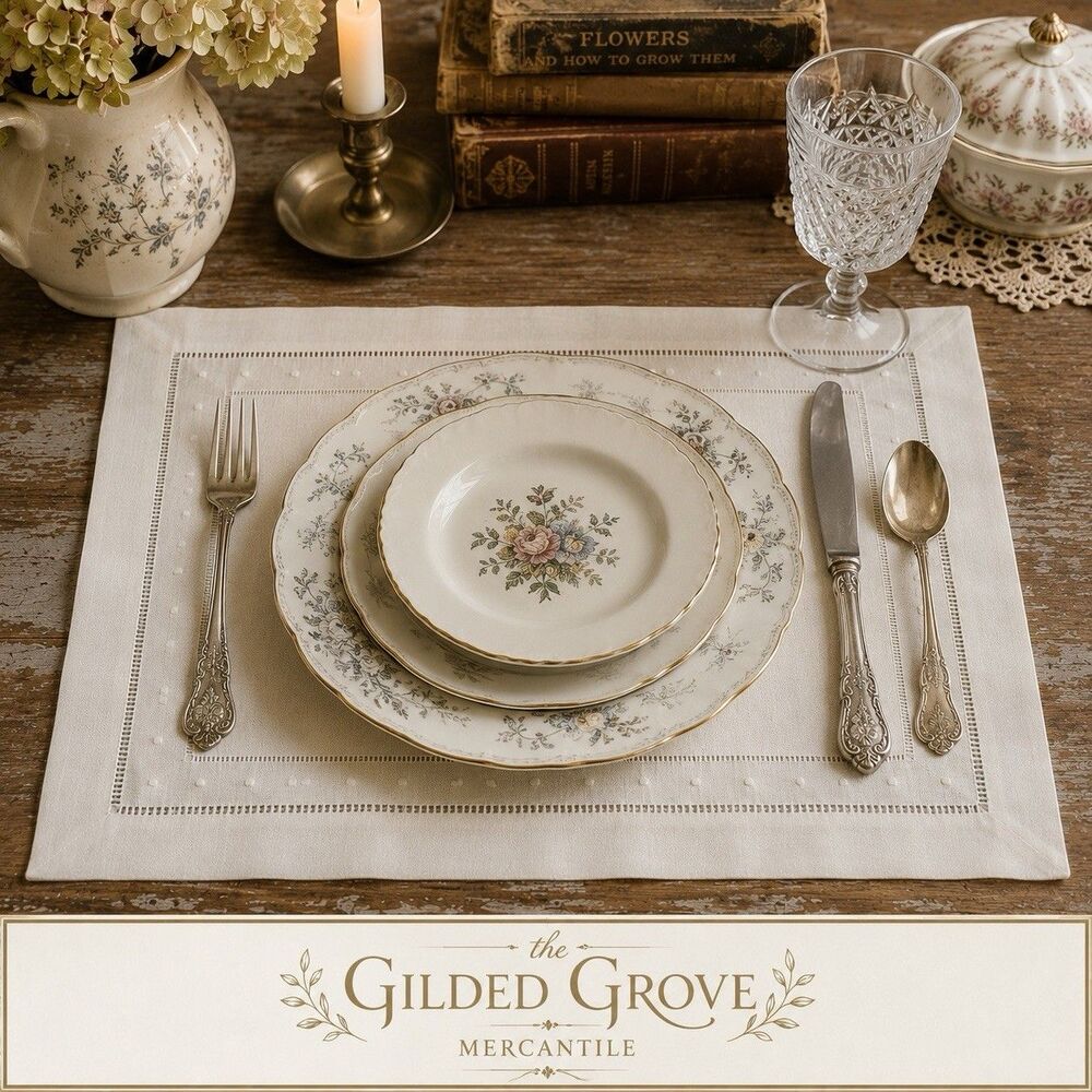NEW Set of 6 Vintage Ivory Linen Hemstitched Embroidered Dot Placemats 12x16
